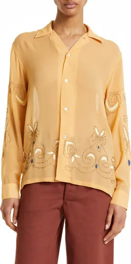 Beaded Cantaloupe Silk Georgette Button-Up Shirt | Nordstrom
