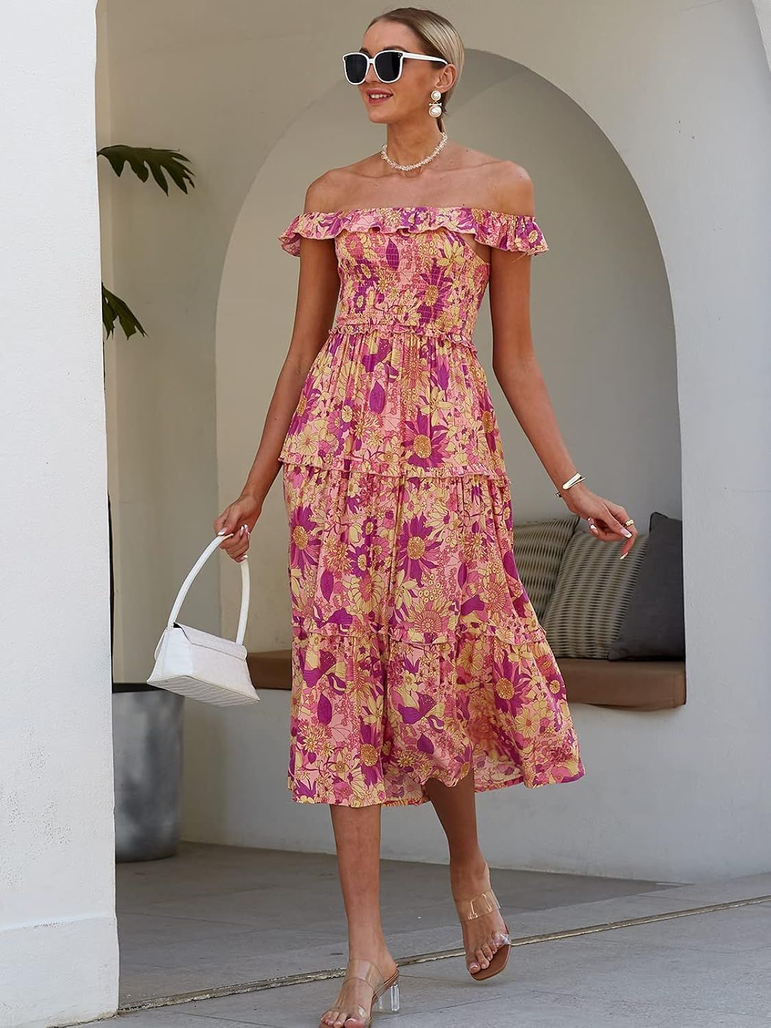 Anna-Kaci Women's Casual Off Shoulder Ruffle Dress Boho Floral Print Summer Beach Maxi Dresses | Amazon (US)
