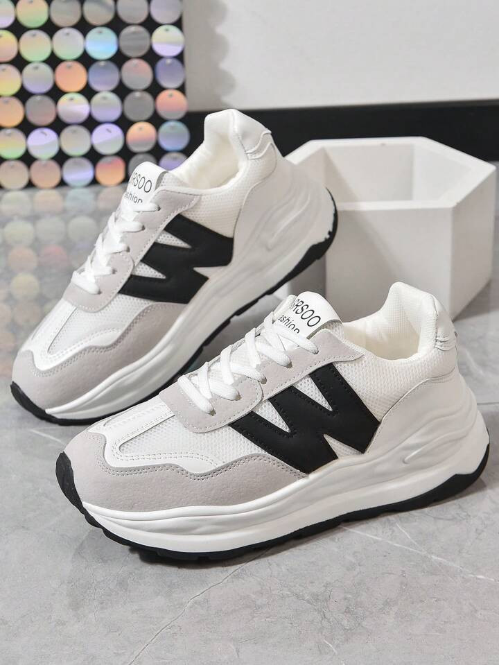 Sporty Wedge Sneakers For Women, Colorblock Letter Patch Decor Lace-up Front Sneakers | SHEIN
