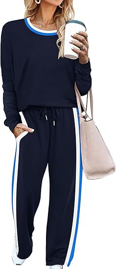 WIHOLL 2 Piece Lounge Sets for Women Long Sleeve Tops Wide Leg Sweatpants Sweatsuits with Pockets | Amazon (US)