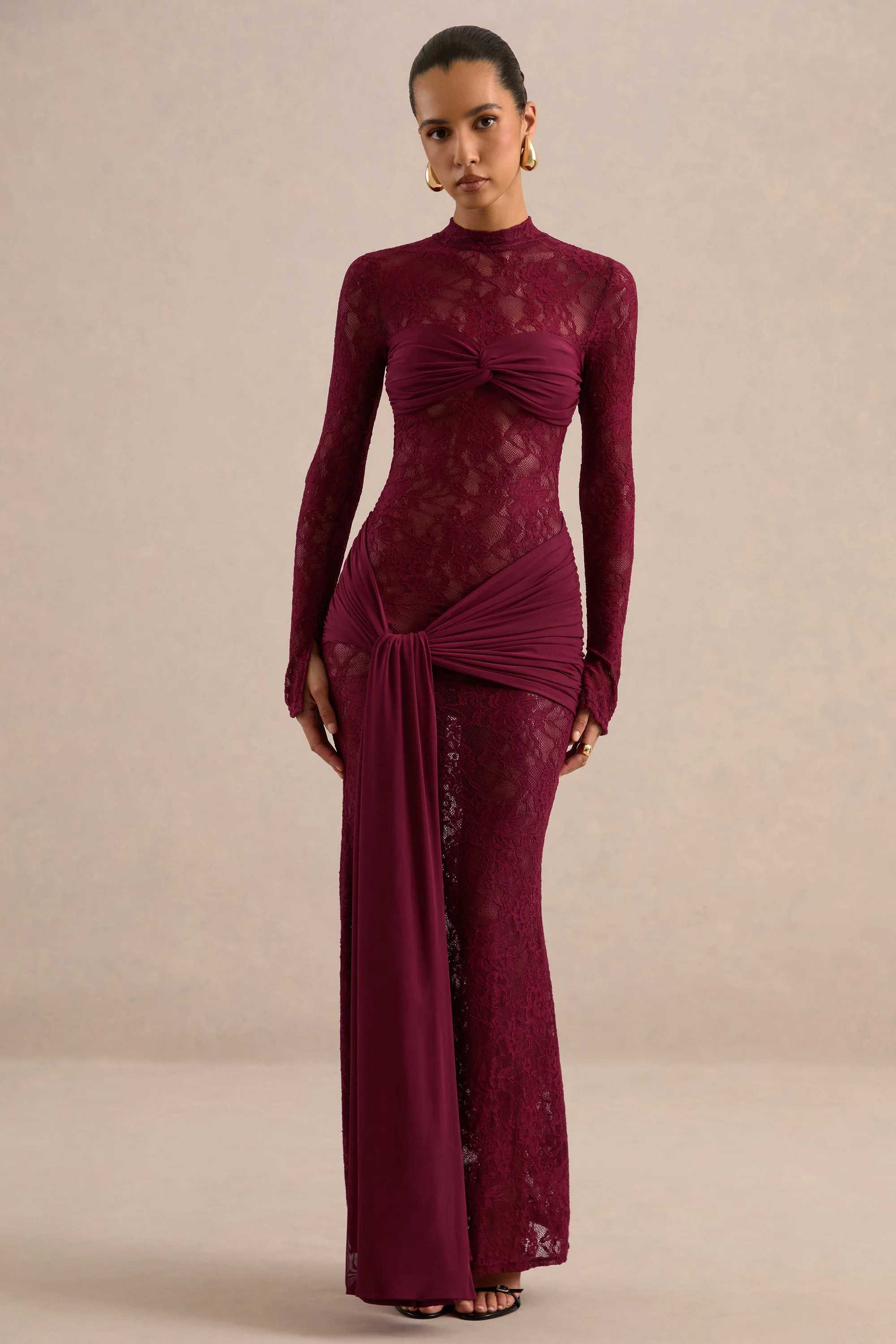 Akira | Red Lace Maxi Dress With Sash-Detail | Club L London