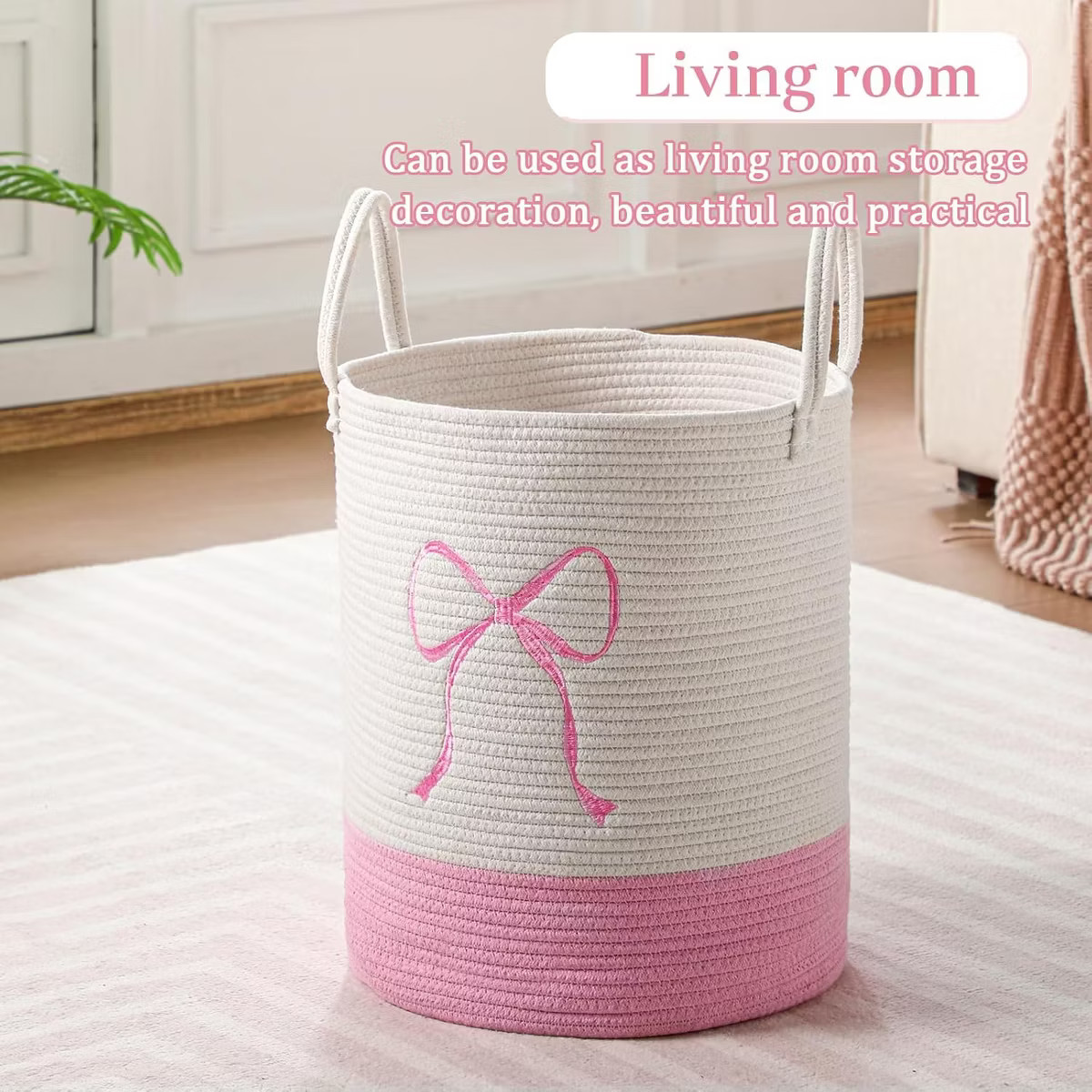 Pink Laundry Hamper Tall Cotton Rope Laundry Basket Hamper Large Bow Basket | Target