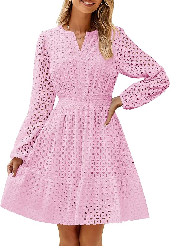 ZESICA Women's 2025 Long Sleeve Mini Dress Spring V Neck Hollow Out Eyelet Embroidery Ruffle A Li... | Amazon (US)