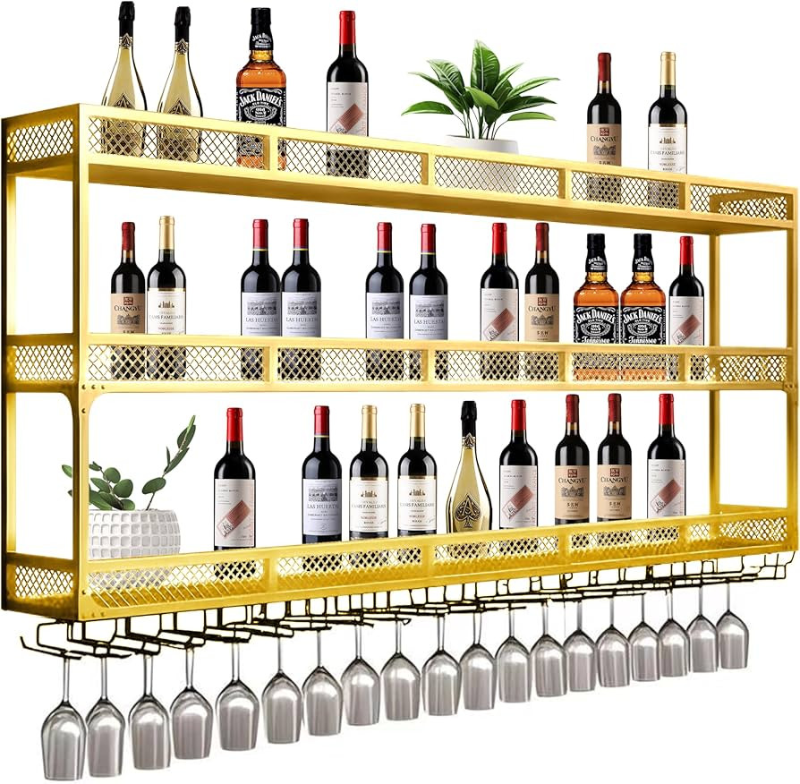 59 Inch Wall-Mounted Metal Wine Rack with LED Lights - 3-Tier Wall Bar Shelf Organizer for Liquor... | Amazon (US)