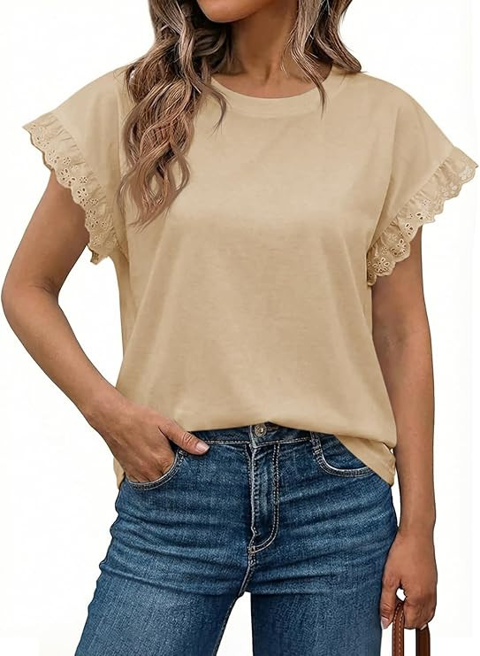 Tankaneo Womens Summer Crewneck T-Shirts Lace Cap Sleeve Tops Dressy Casual Loose Fit Work Basic ... | Amazon (US)