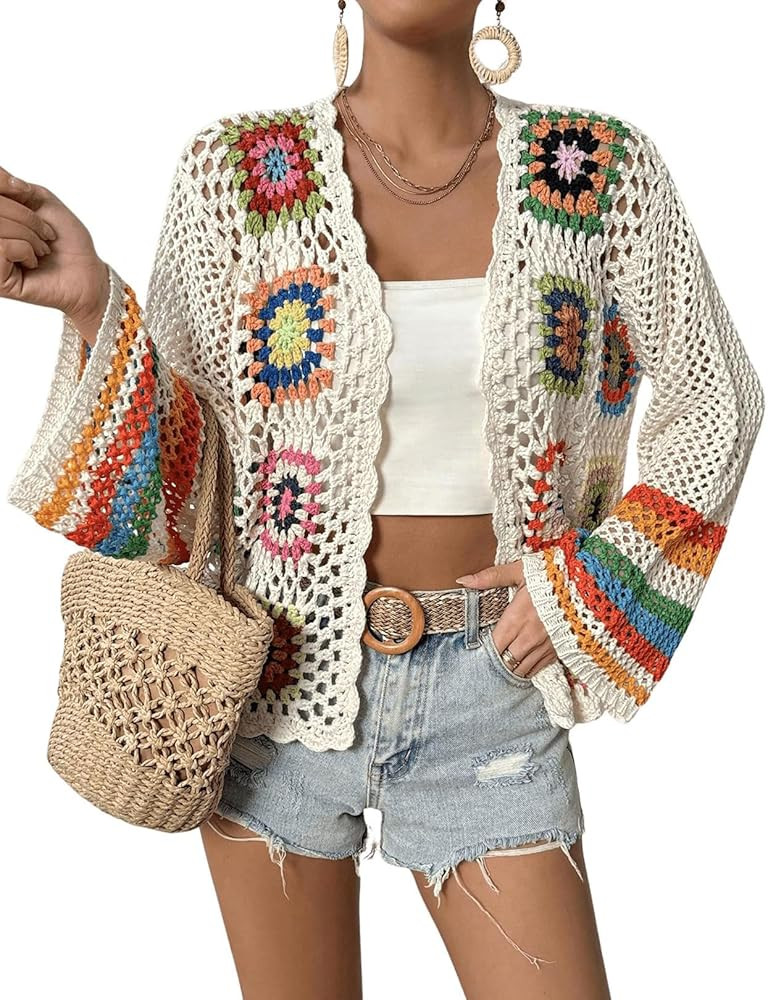 IDEALSANXUN Womens Floral Crochet Cardigan Sweaters Hollow Out Lightweight Jackets | Amazon (US)