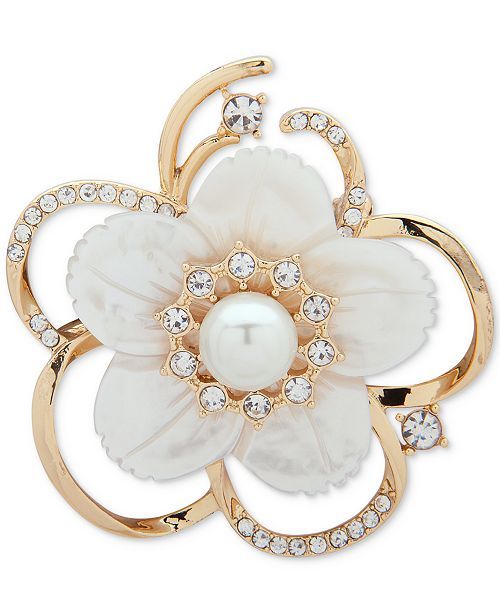 Anne Klein Gold-Tone Imitation Pearl, Mother-of-Pearl & Crystal Flower Pin, Created for Macy's & ... | Macys (US)