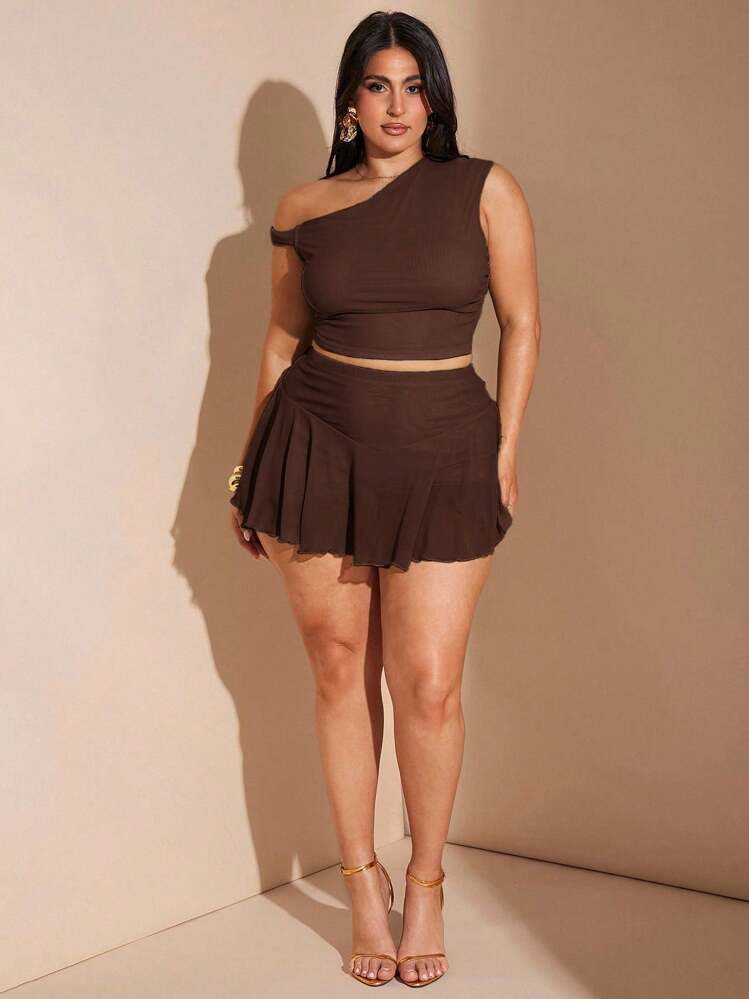 SHEIN BAE Plus Size Women's Green Asymmetrical Neck Ruched Top And Fitted Ruffled Hem Skirt Set, Beach Holiday 2 Pieces Outfit/ Brown Two Piece Set/ Short Two Piece Set/ Short Skirt Set/ Two Piece Skirt Set/ Curve Two Piece Set,Holiday Outfits For Women | SHEIN