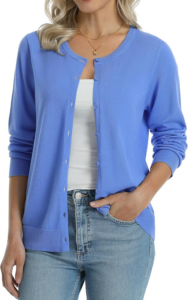 QUALFORT Women's 100% Cotton Lightweight Cardigans Long Sleeve Knitted Button Down Sweater | Amazon (US)