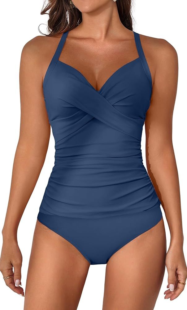 B2prity Women's Ruched Tankini Suimsuits V Neck Wrap Tie Back Two Pieces Bathing Suit Tummy Contr... | Amazon (US)