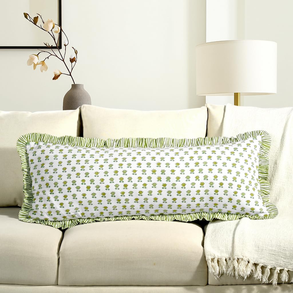CPC Lotus Meadow Hand Block Print 100% Cotton Ruffle Throw Pillow Cover 14x36 inch with Hidden Zi... | Amazon (US)