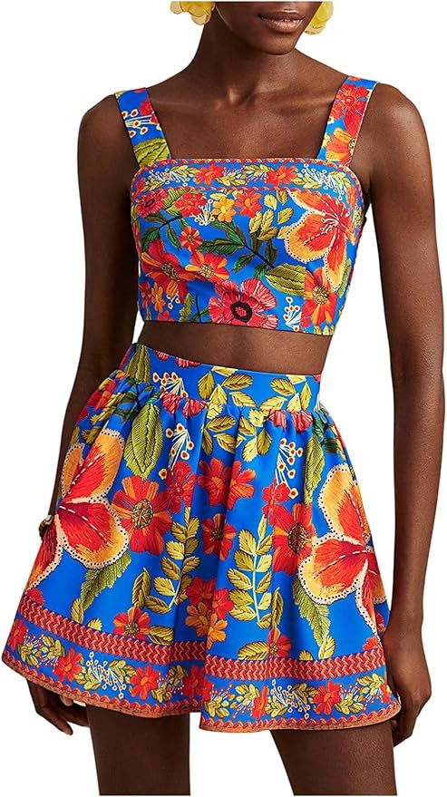 Floerns Women's Two Piece Outfit Tropical Crop Cami Top and Summer Skirts Set | Amazon (US)