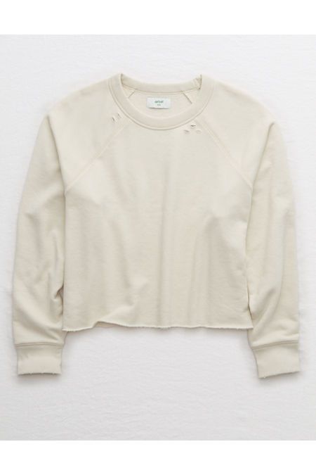 Aerie Sunday Soft Distressed Crew Sweatshirt Women's Empire Cream XXS | American Eagle Outfitters (US & CA)