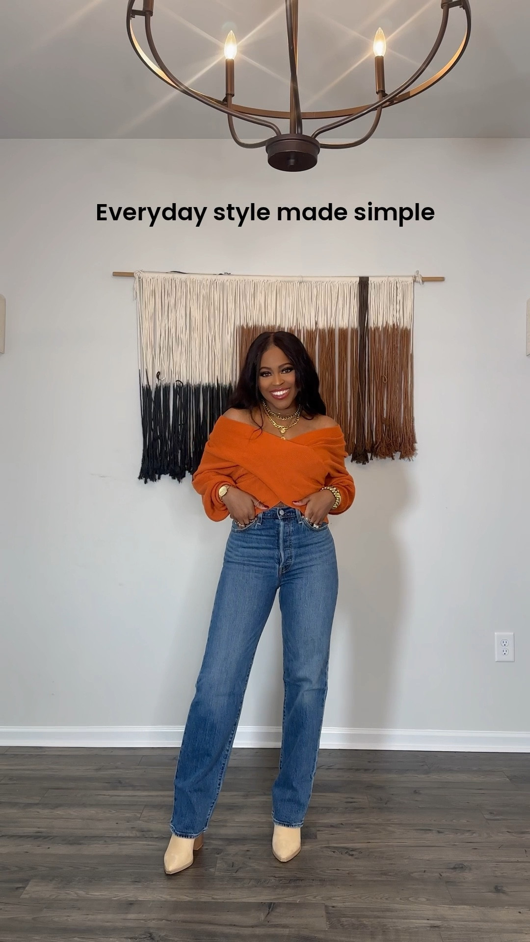 I am 5’4” wearing a size 27 in the jeans(I could wear a 26) and I love the comfort of them! I can actually chase my 2 year old and speed walk in them to keep up with my 8 + 9 year old while they ride their bikes. •Top: I am wearing a size small. •Boots: I went with my normal size(8). 