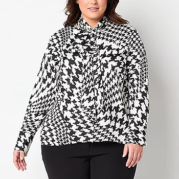 Worthington Plus Womens Split Tie Neck Long Sleeve Satin Blouse, Color: Houndstooth Swirl - JCPen... | JCPenney