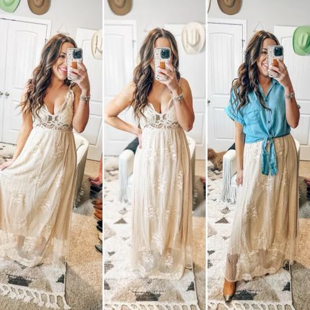 Love this beige maxi dress for summer outfits! Perfect for beach vacation, out to dinner, bridal showers, baby showers, this summer dress is the perfect addition to your wardrobe. Paired with cowboy boots and a denim top.
5/27

#LTKFestival #LTKStyleTip #LTKSeasonal