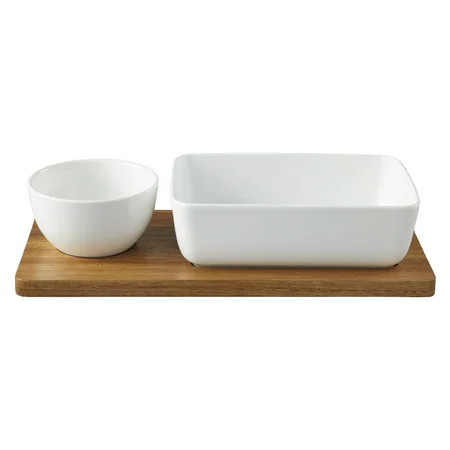 Better Homes & Gardens Ceramic Chip Dip Bowl with Acacia Tray, Natural Wood Color, 13.5x6.5x2.99 ... | Walmart (US)
