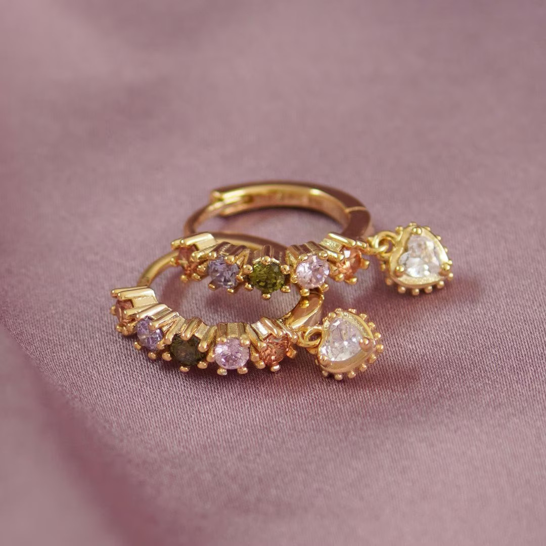 Pastel Stone Heart Charm Hoop Earrings - Etsy | Etsy (US)