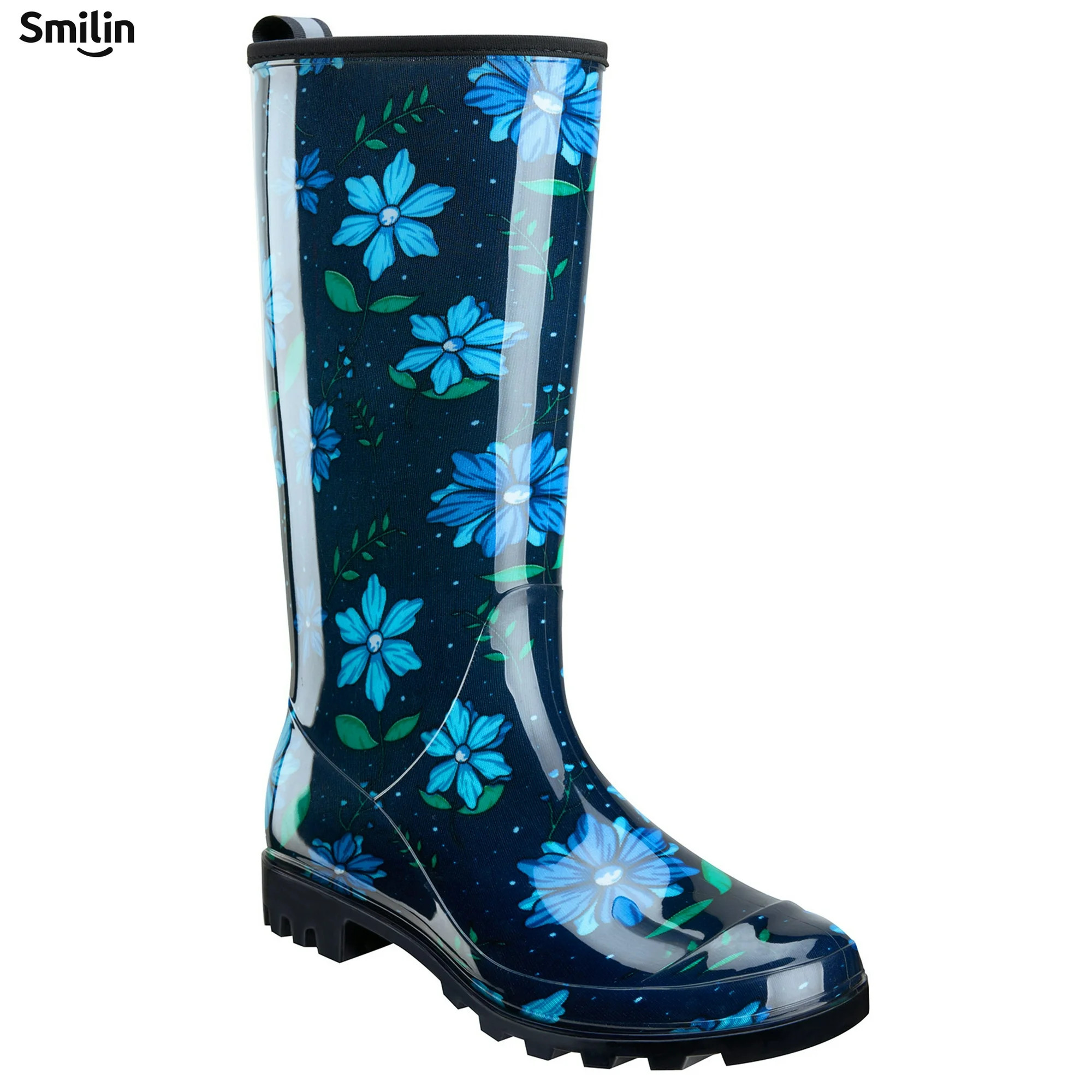 SMILIN Colorful Rain Boots for Women,Mid-Calf Waterproof Anti-Slip Slim Calf Garden Shoes,Blue Fl... | Walmart (US)