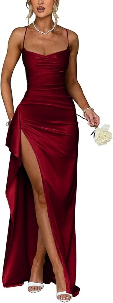 Womens Satin Dress Red Bridesmaids Dress Red Mother Of The Bride Dress Mother Of The Groom Dress | Amazon (US)