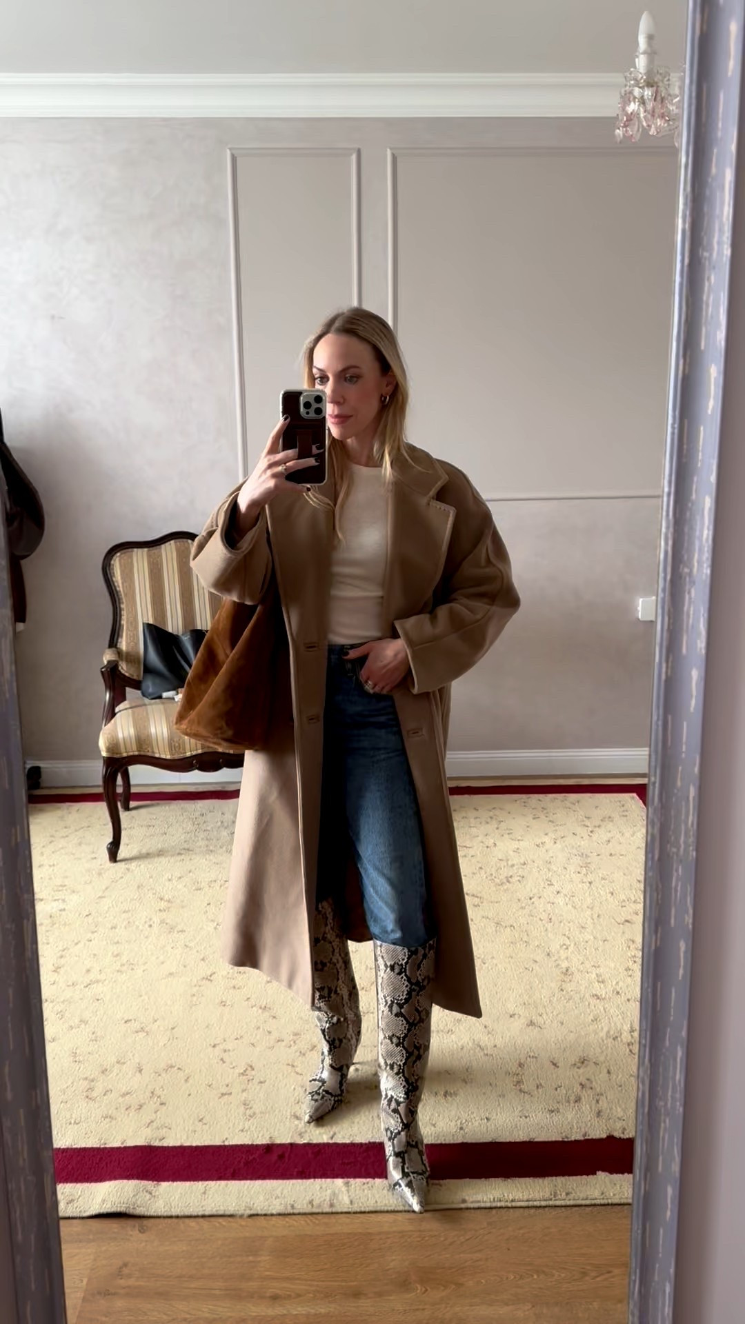 Camel coat outfit, Max Mara camel coat, snakeskin boots, Saint Laurent suede bucket bag, spring look

#LTKOver40 #LTKootd #LTKSeasonal