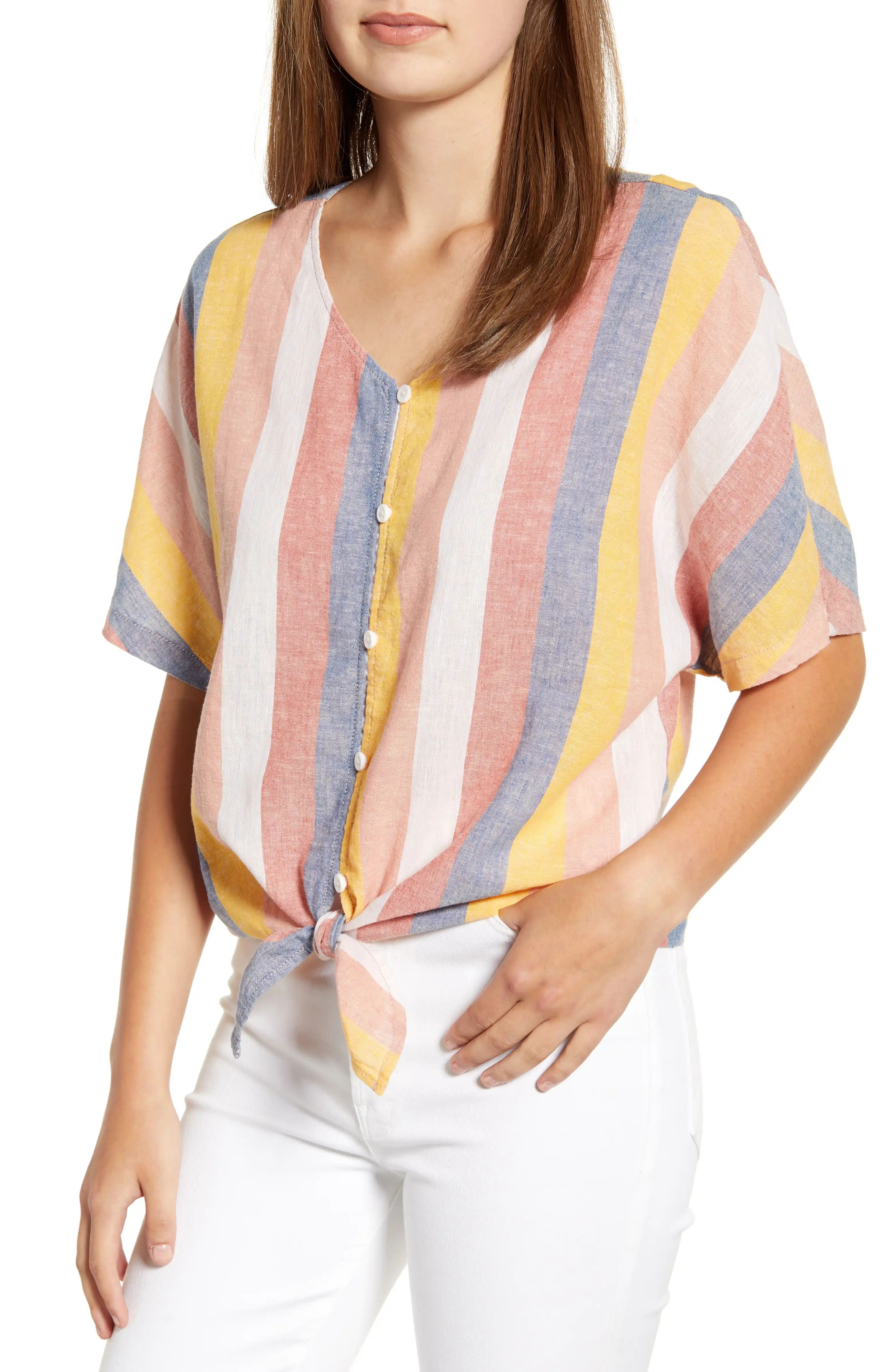Kelli Stripe Tie Front Linen & Cotton Blouse | Nordstrom