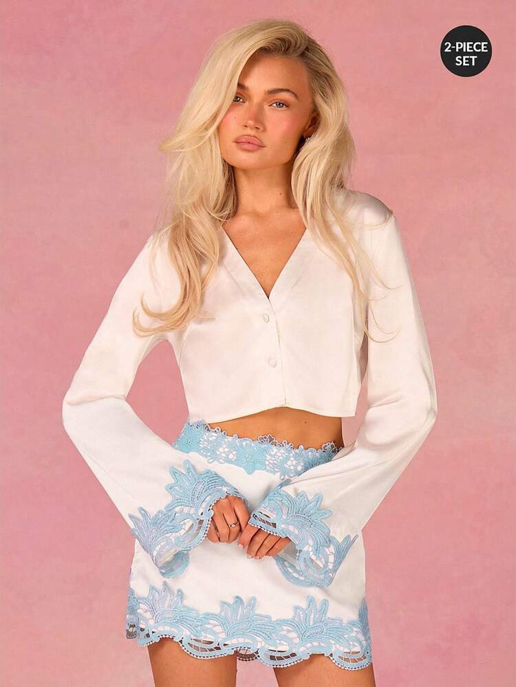 Athîral Women's Autumn Casual Elegant Vacation Satin Patchwork Long Sleeve Top And Short Skirt 2-Piece Set, Outfits For Women Party White Blue And White | SHEIN