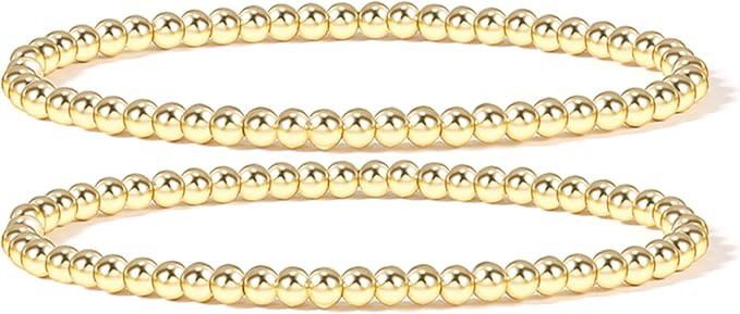 14K Gold Plated Bead Ball Bracelet Stretchable Elastic Gold Beaded Bracelets for Women | Amazon (US)