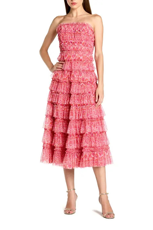 Mac Duggal Printed Mesh Ruffle Strapless Midi Dress in Pink Multi at Nordstrom, Size 4 | Nordstrom
