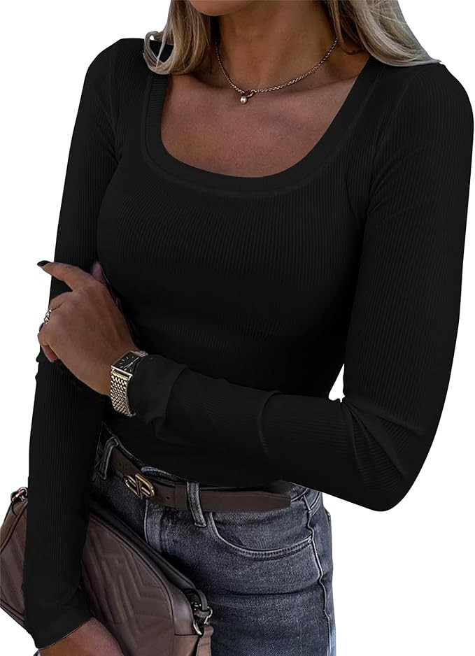 Roselux Womens Long Sleeve Scoop Neck Ribbed Knit Fitted Casual Tops Tee Slim Basic Shirts | Amazon (US)