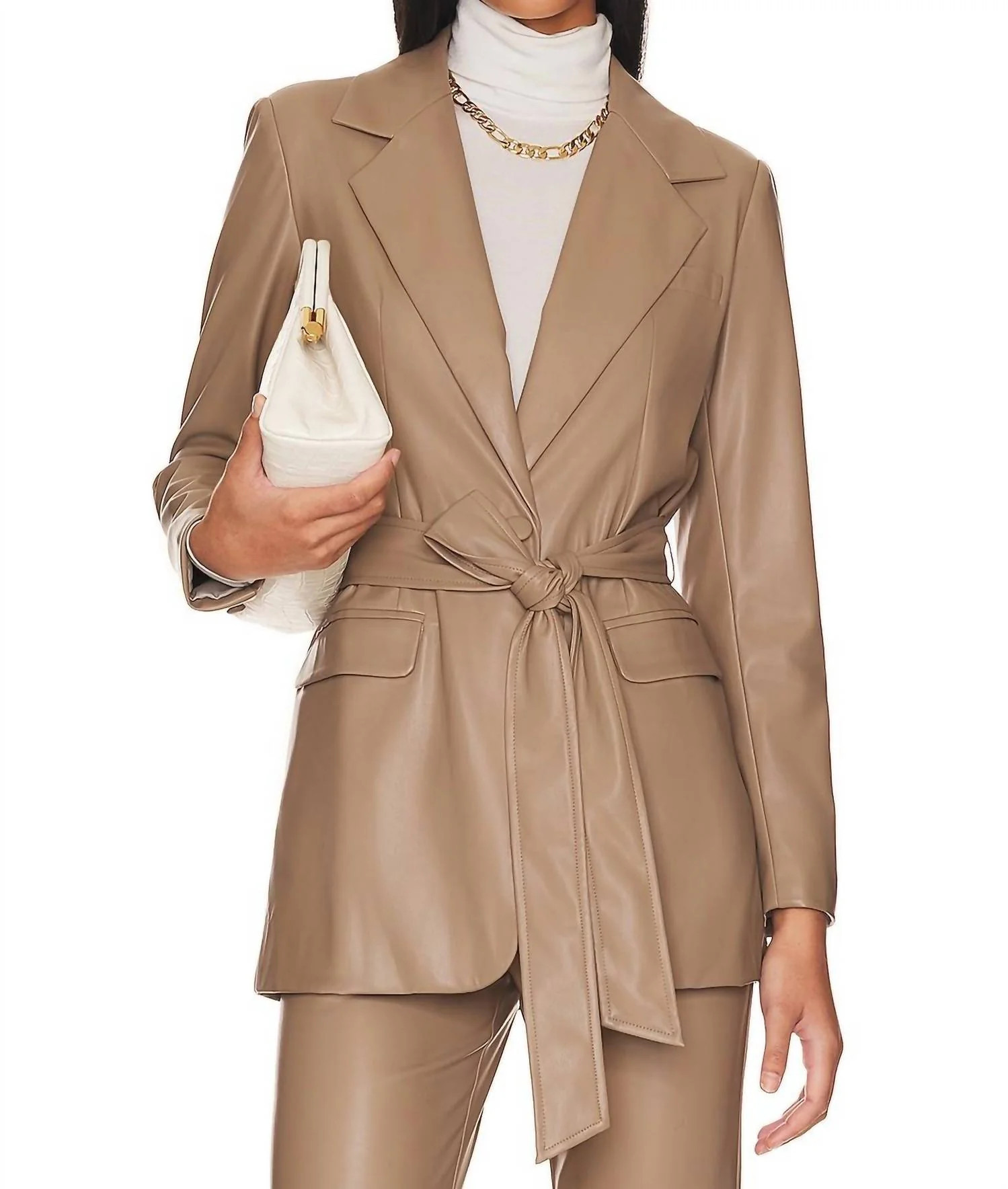 Bardot Faux Leather Belted Jacket In Taupe | Shop Simon