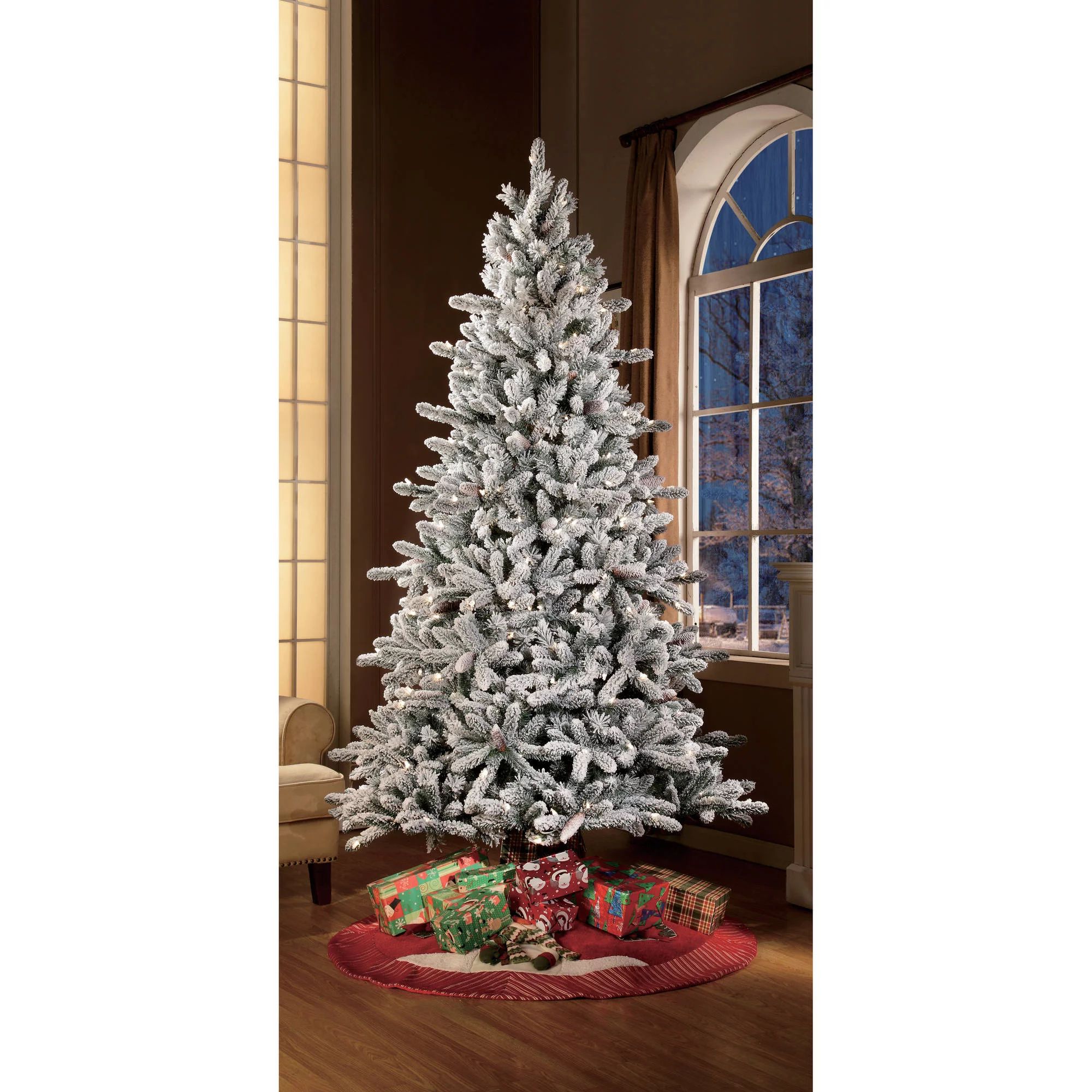Holiday Time Pre-Lit 7.5' Green Flocked Birmingham Fir Artificial Christmas Tree, Clear Lights | Walmart (US)