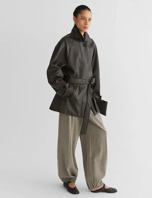 Dark Brown Leather Funnel Neck Belted Jacket | Pixie Market