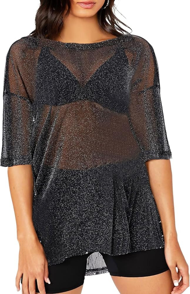 Remidoo Women's Casual Glitter Mesh Sheer Top Short Sleeve Crewneck T Shirt Blouse | Amazon (US)