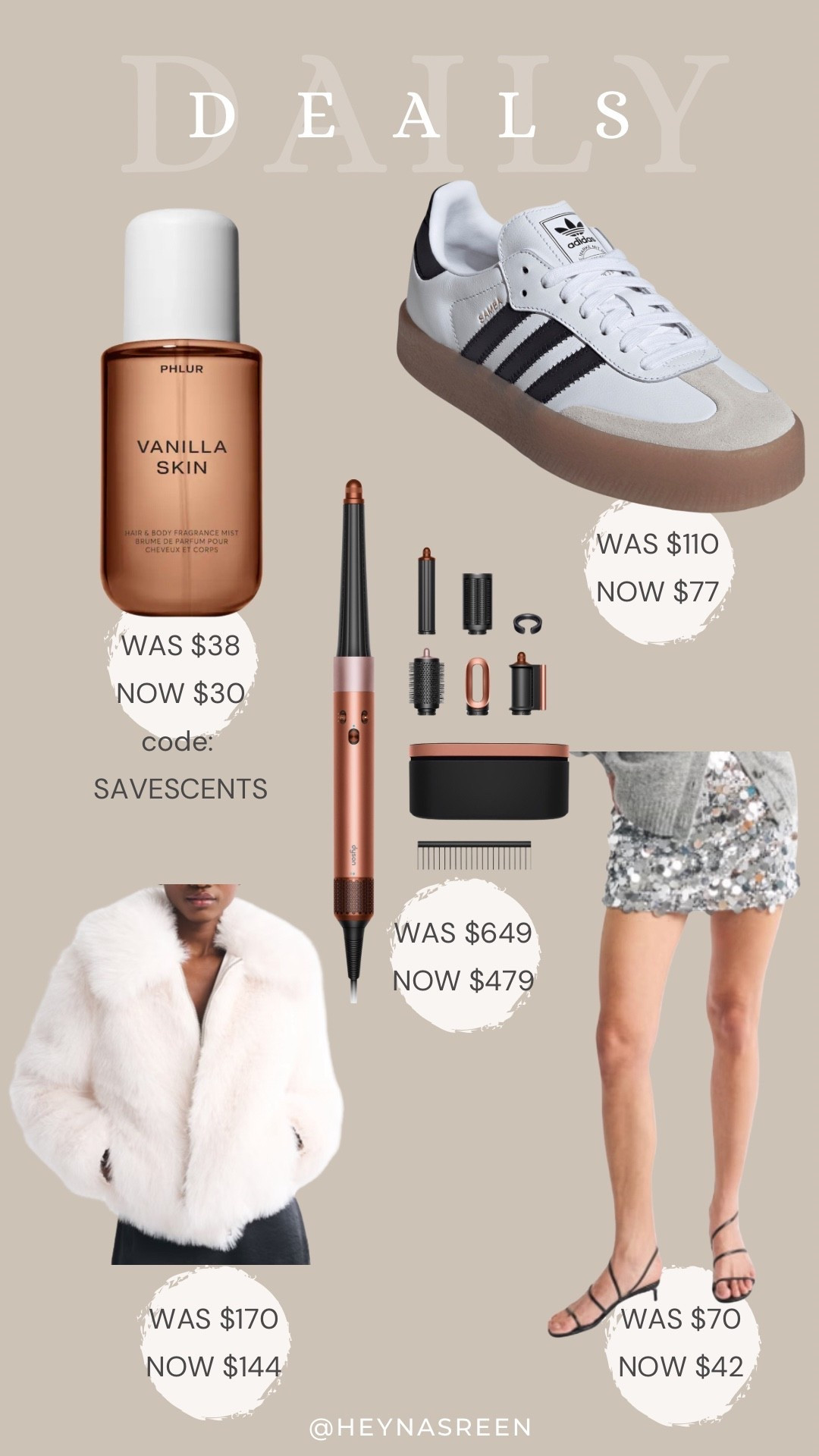 Daily deals on PHLUR perfume, adidas sneakers, Dyson Airwrap ID, Abercrombie sequin skirt, Abercrombie faux fur coat 
