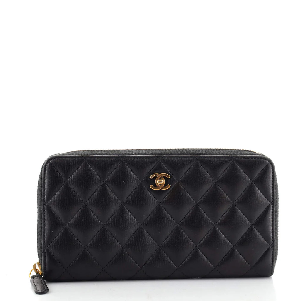 Chanel Zip Around Wallet Quilted Goatskin Long Black 1278241 | Rebag