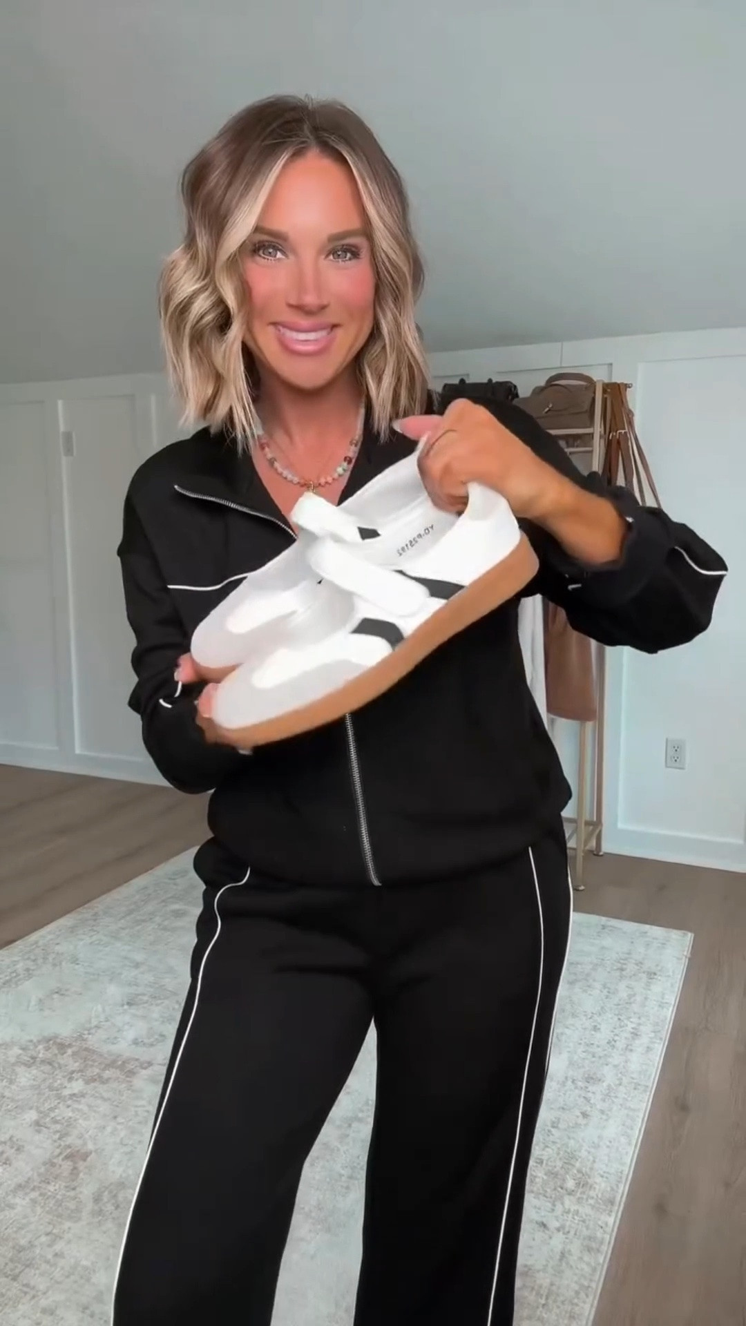 These two fall sweat sets are giving cute, cozy, put-together… without a single button digging into your stomach. 🍂🤎 Basically socially acceptable pajamas, and I’m here for it.

I am 5’6 143lbs wearing size medium in sets, small white tank with built in bra, shoes fit true to size  

 #LTKmomlife #LTKSeasonal #LTKActive