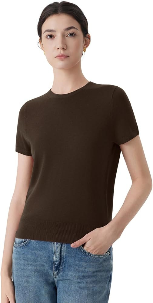 SUUKSESS Women Silk Cashmere Blend Crew Neck Short Sleeve Sweaters Casual Blouse | Amazon (US)