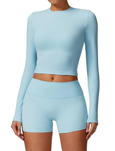 Womens Workout Sets Two Piece Long Sleeve Crop Top Matching Tummy Control High Waist Biker Shorts Set 2 Piece For Women Fall Winter Gym Yoga Active Wear Outfits Athletic Work Out Clothes Blue S | Amazon (US)