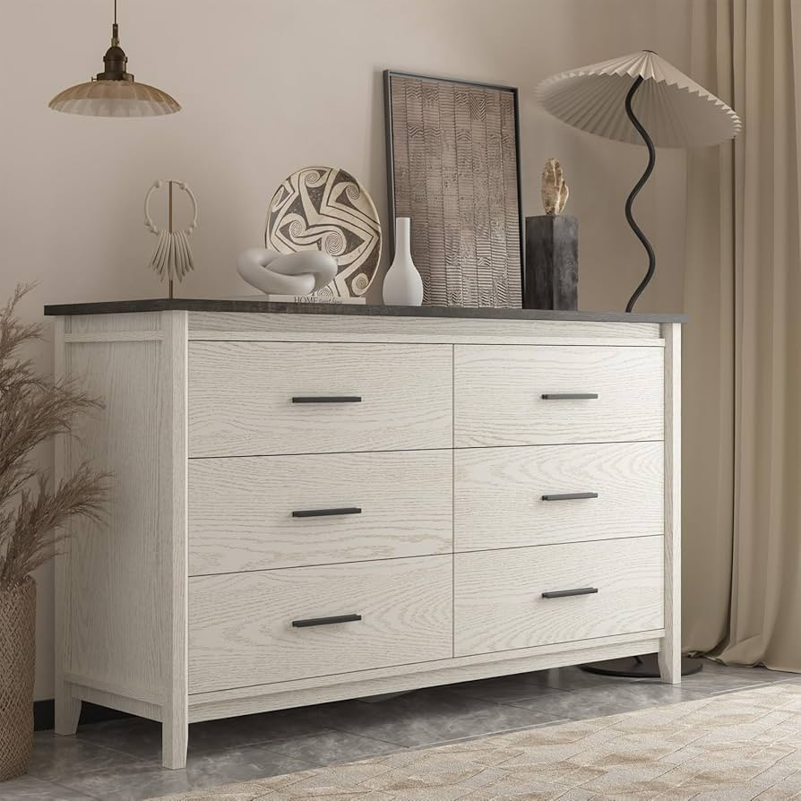 IKENO 6 Drawers Double Wood Dresser, Wide Chest of Drawer with Metal Handles, TV Stand & Storage ... | Amazon (US)