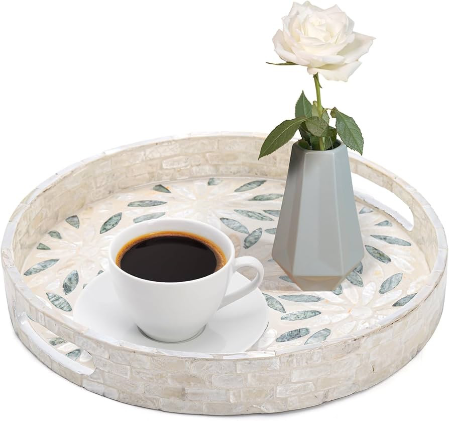 Mezchi Round Serving Tray, 11inch Wood Shell Tray with Handles, Decorative Coffee Table Tray, Mot... | Amazon (US)