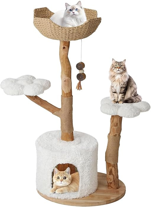 47-Inch Natural Wood Cat Tree, Modern Cat Tower with Multiple Platforms, Sisal Posts, Handwoven B... | Amazon (US)