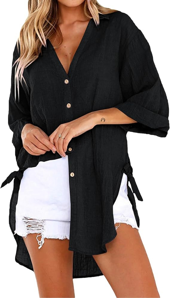 Bozanly Casual V Neck 3/4 Sleeve Button Down Shirts High Low Oversized Summer Beach Blouse Tops f... | Amazon (US)