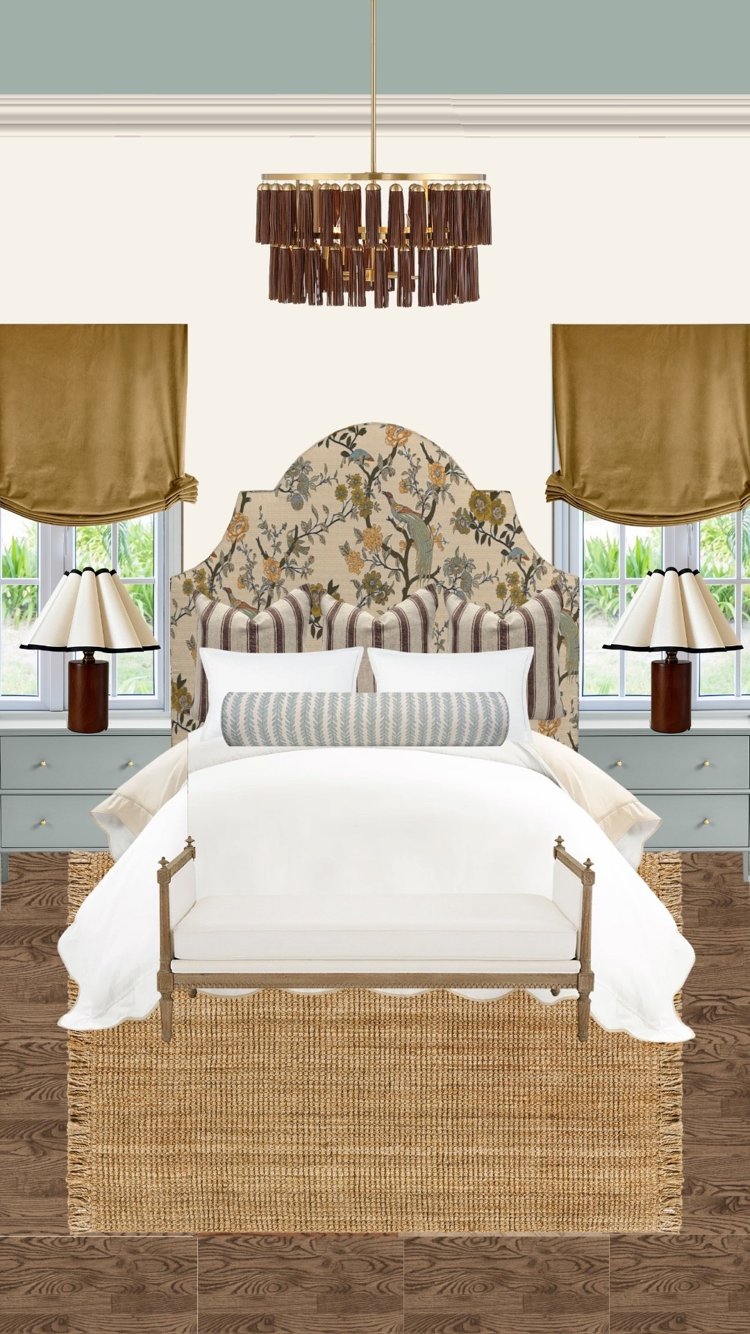 Boho grand millennial bedroom of my dreams! Love the seafoam/aqua with brown accents!

Grandmillennial, bedroom makeover, classy chic interiors, boho glam, Ballard designs, bedroom furniture 

#LTKHome