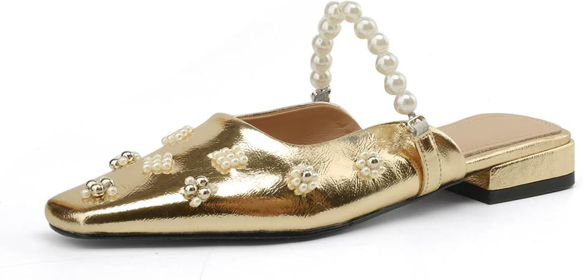 Cow Leather Square Toe Pearl Beading Mules Summer Shoes Chunky Low Heel Slingback Concise Dress F... | Amazon (US)