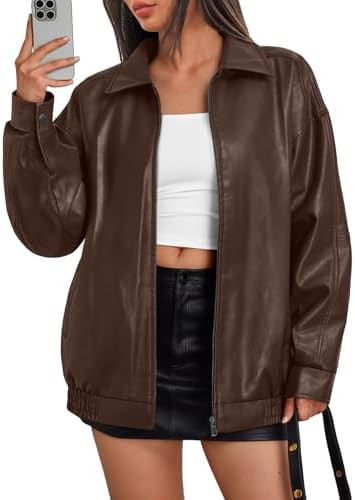 Trendy Queen Womens Oversized Leather Jacket Moto Bomber Coat Fall&Winter | Spring Jacket Boyfrie... | Amazon (US)