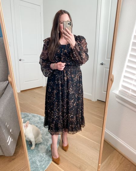 Sale alert: brown floral midi dress is 50% off / workwear / office outfit / wedding guest dress / petite fashion 

#LTKworkwear #LTKfindsunder50 #LTKSeasonal