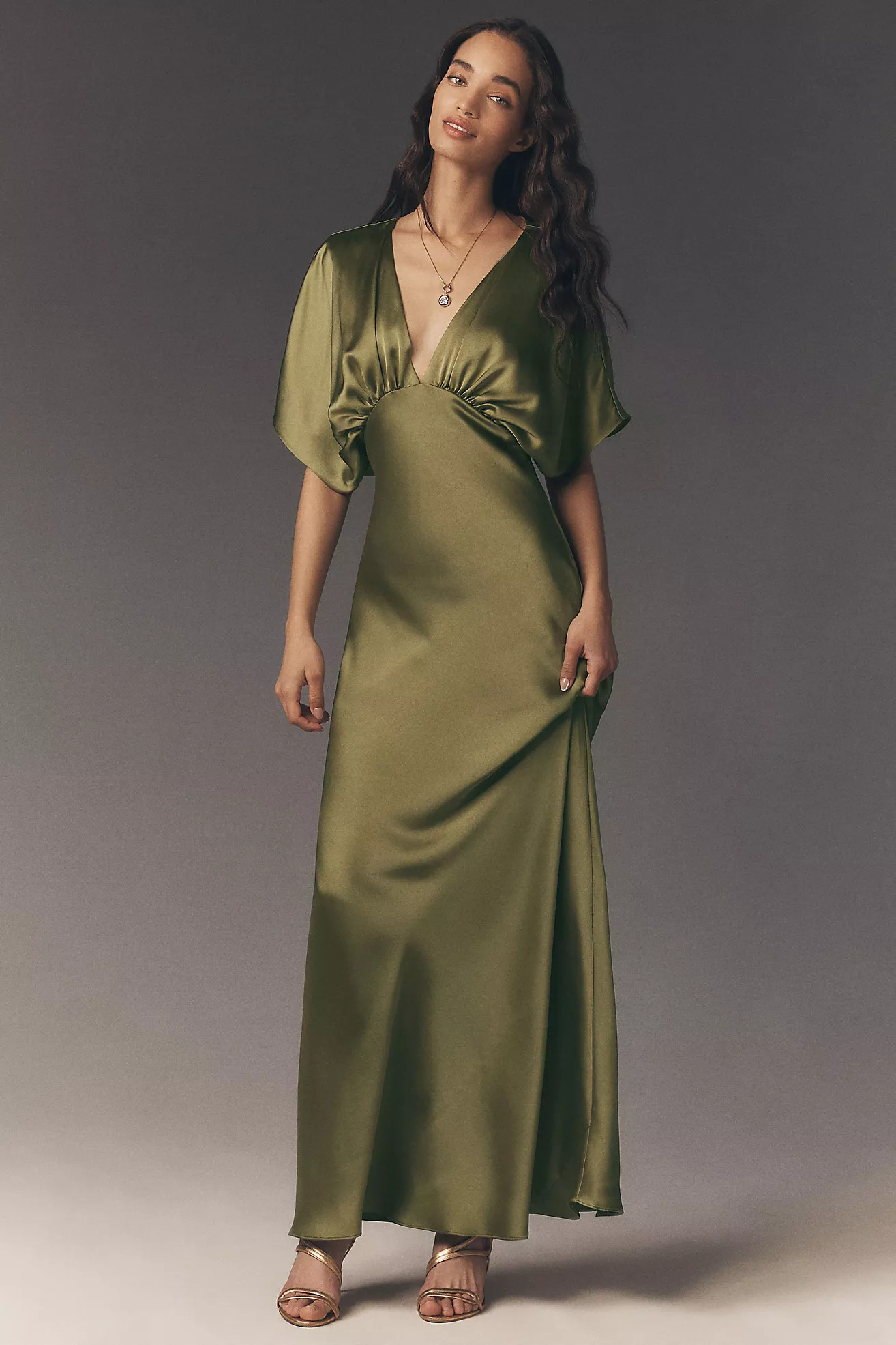 BHLDN Amelia Deep-V Flutter-Sleeve Satin A-Line Gown | Anthropologie (US)