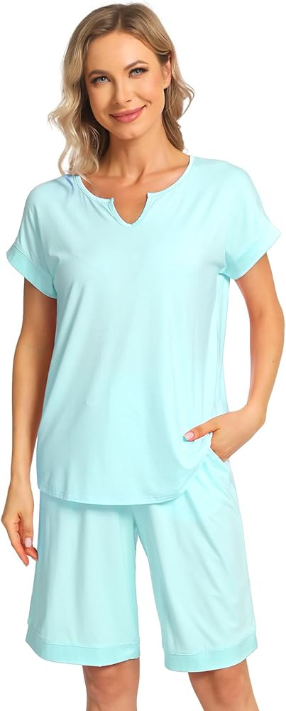 GYS Bamboo Viscose Womens Pajama Sets 2 Piece, Soft Short Sleeve Shirt and Bermuda Shorts Pajamas... | Amazon (US)