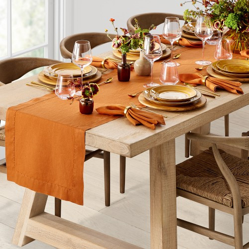 Italian Washed Linen Table Runner, Pumpkin Orange | Williams-Sonoma